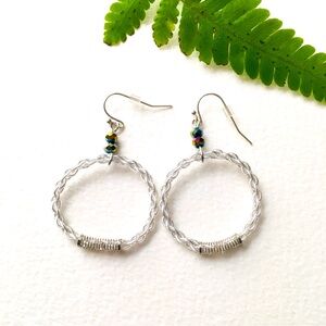 White Pearlescent Twisted Cord Circular Dangle Earrings Iridescent Accent